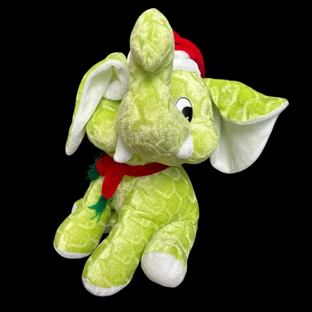 Christmas Elephant Plush Green Red Santa Hat Vintage Stuffed Animal Toy Bright